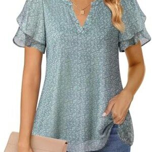 Chiffon Blouses Summer Puff Petal Short Sleeve Shirts V Neck Casual Work Tops